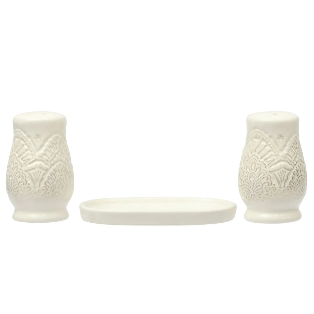 💕 2025 Pioneer Woman Vintage Lace  Cream Salt and Pepper Shaker Set - Picture 2 of 5